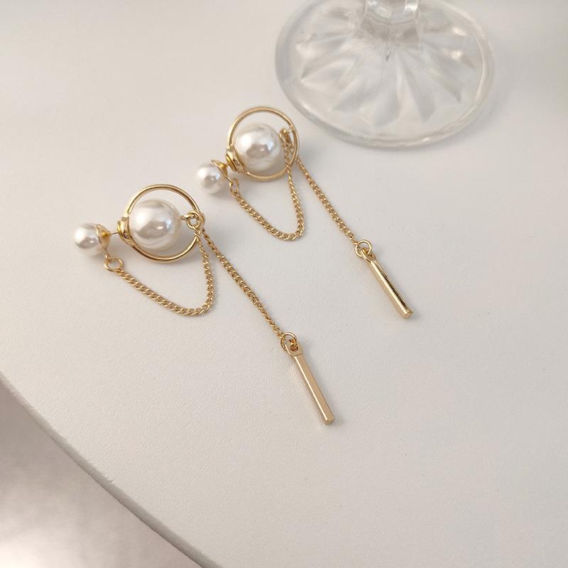 

Hoop & Huggie Sterling Silver Needle Round Pearl Chain Earrings Light Luxury Simple Elegant Temperament Versatile JE1255Hoop