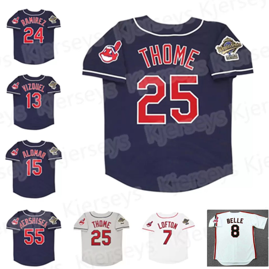 

Retro Men Baseball jersey 1995 1993 World Series jerseys 25 Jim Thome 13 Omar Vizquel 7 Kenny Lofton 24 Manny Ramirez 8 Albert Belle 15 Sandy Alomar 55 Hershiser, Blue 1995