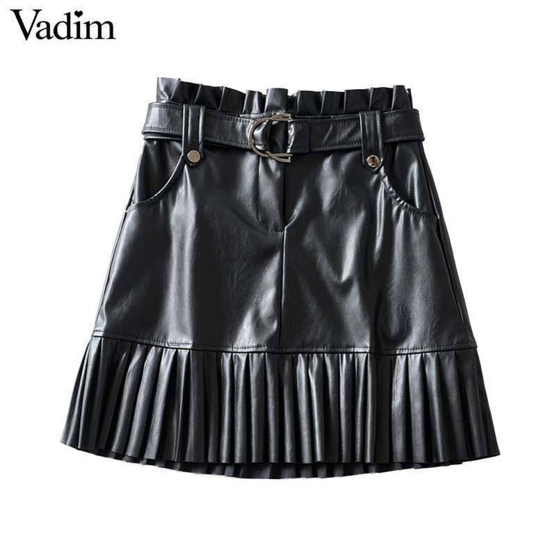 

women chic PU leather mini skirt bow tie belt pockets pleated paperbag waist black casual fashion basic skirt BA793 Y200326, Green