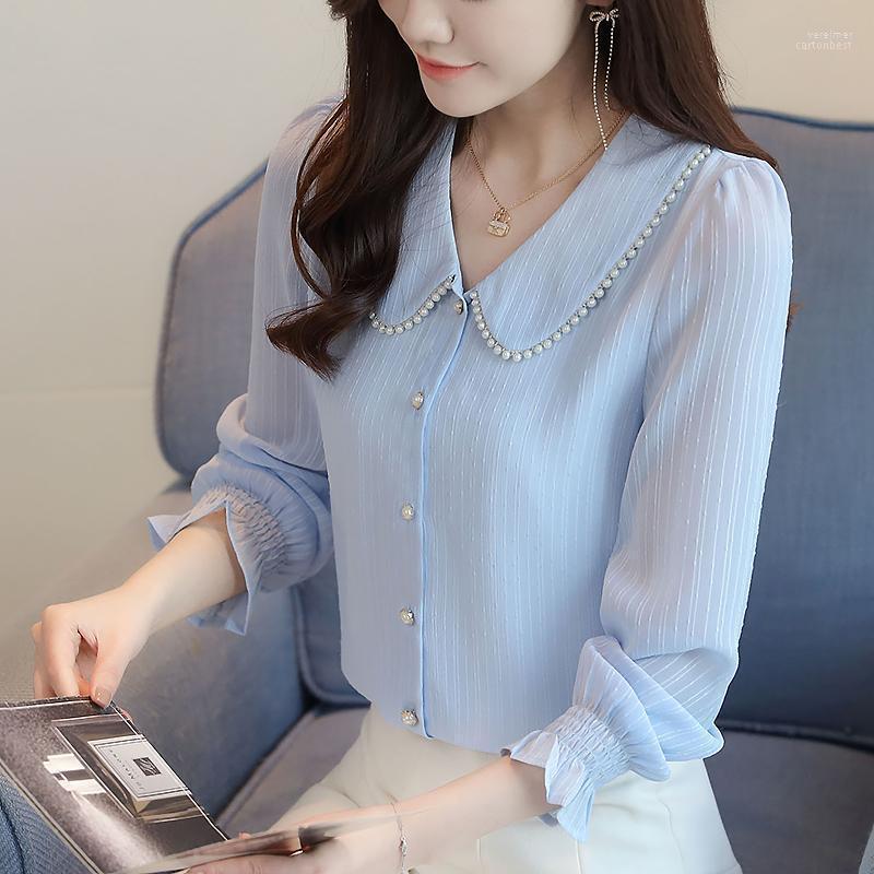 

Women' Blouses & Shirts Women Beaded Lapel Long Sleeve Top Solid Chiffon Shirt Plus Size Clothing Vere22, Blue