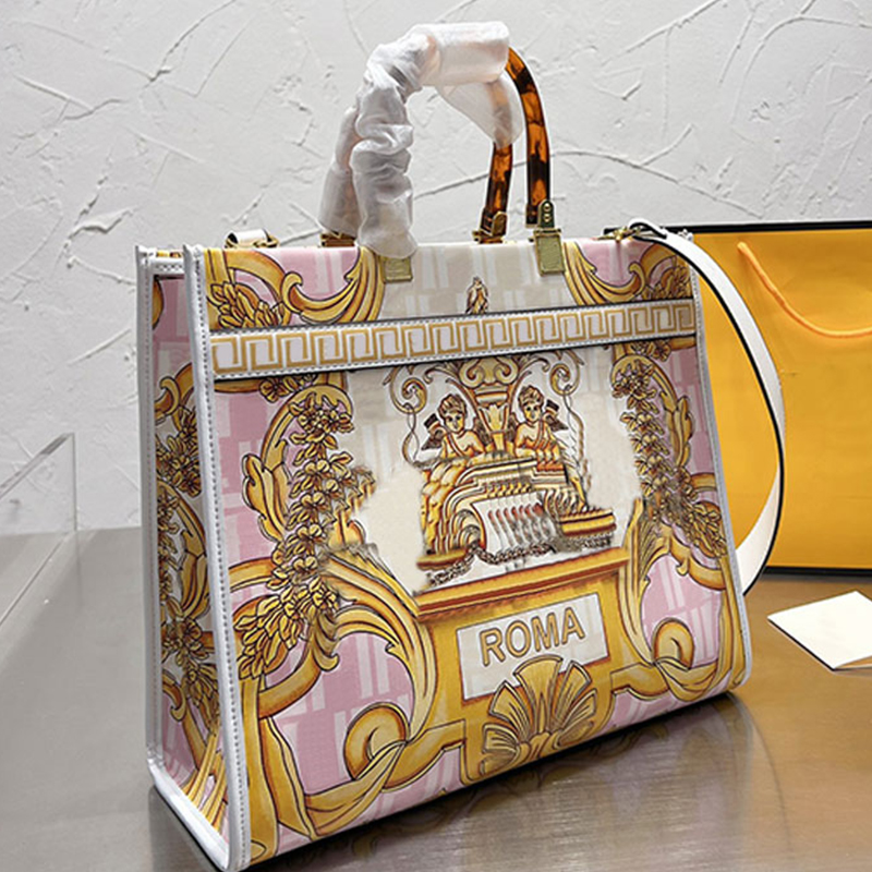 Sunshine Tote Bag 35cm Rose Impression Femmes Sac À Main Grand Plage Sac À Provisions Sac À Main En Cuir Véritable Bandoulière Sacs À Bandoulière