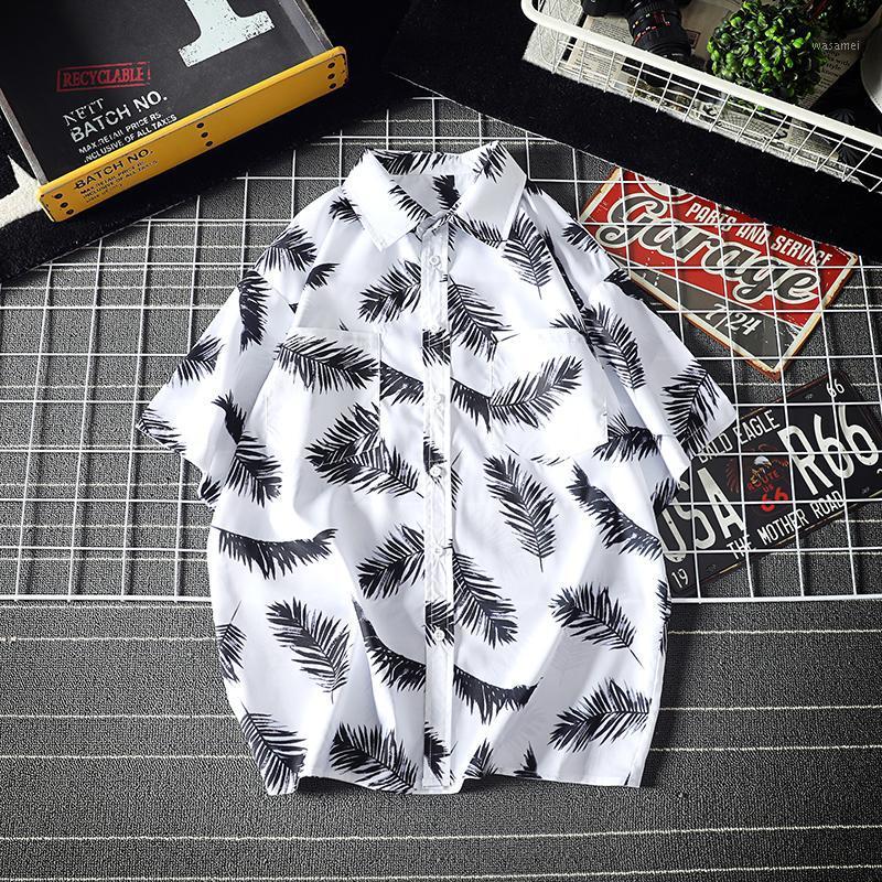

Summer Short Sleeve Shirt Men Fashion Leaf Printed Hawaiian Mens Loose Casual Shirts Men's, White c205