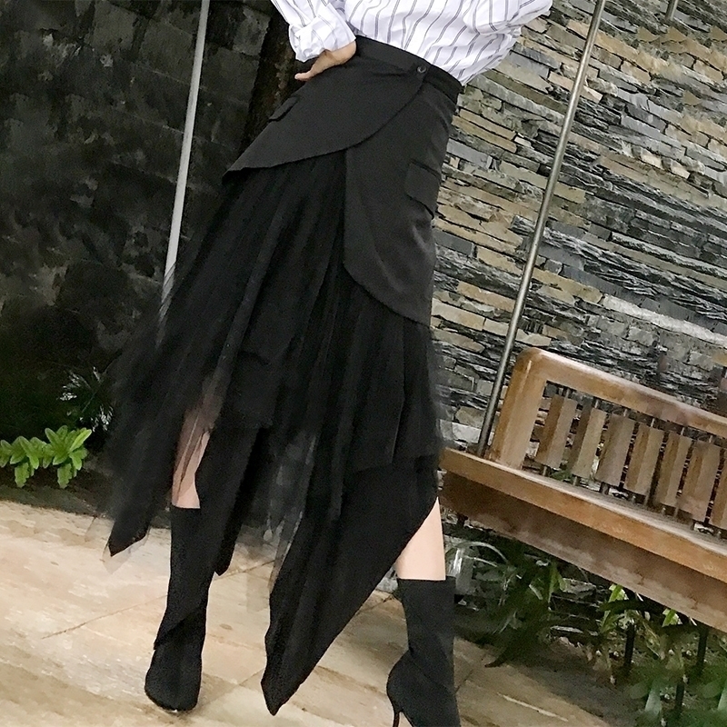 

EAM Spring High Waist Black Irreular Mesh Split Joint Loose Halfbody Skirt Women Fashion Allmatch JK098 Y200326