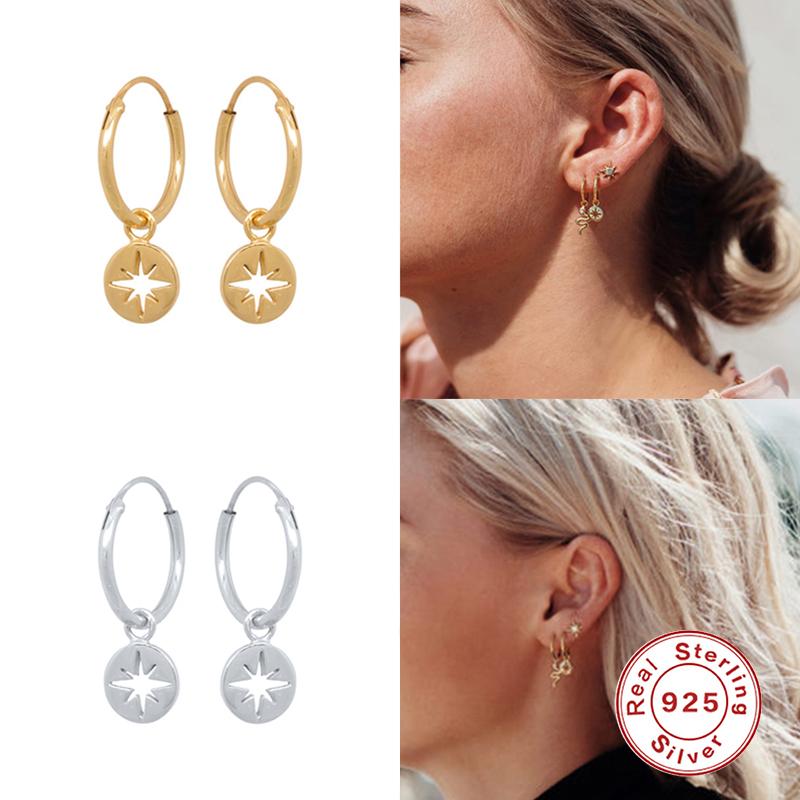 

Hoop & Huggie Aide Luxury Real 100% 925 Sterling Silver Round Hollow Coin Pendant Hanging Earrings For Women Punk Fine Jewelry GiftHoop