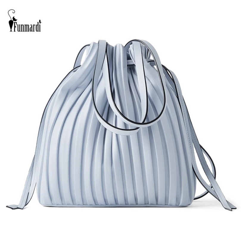 

FUNMARDI Brand Design PU Leather Shoulder Bag Pleated Stripe Bucket Ladies Crossbody For Women Handbag WLHB3081 220322, Beige
