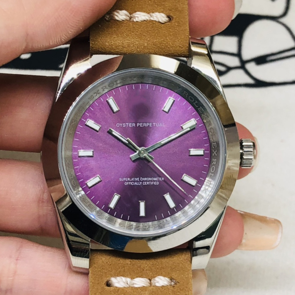 

Womens watch log light white purple luminous Ding 40mm full automatic mechanical watch sapphire crystal glass mirror leather strap, 2#