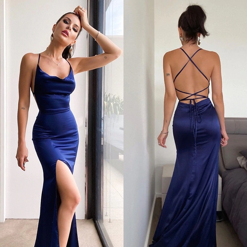 Robe de bal froncée en soie comme du Satin, sans manches, col licou, Sexy, dos nu, longue, robe de demoiselle d'honneur, 2022