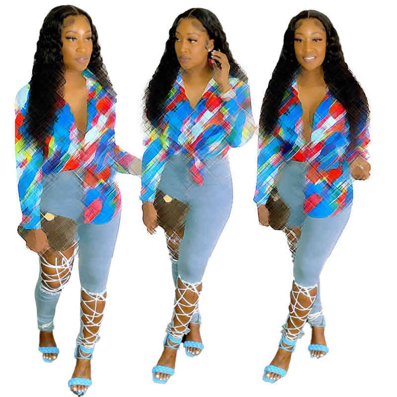 

Fashion Women' Luxury Long Sleeve Clashing Multi-coloured Printed Casual Top Shirt, Contrast color