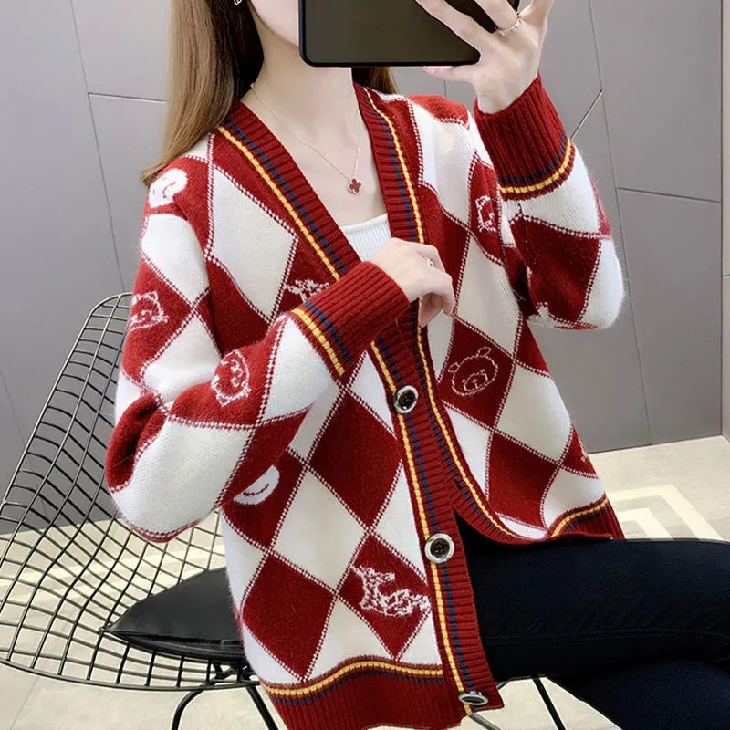 

2022 Autumn Knitted Cardigan Sweater With Button Casual Long Sleeve Open Stitch Cardigans Outwear Women Warm Knitwear Coat Jacke, Red