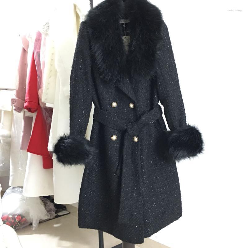 

Women' Wool & Blends 2022 Autumn Winter Small Fragrance Tweed Woolen Coat Women Bright Silk Mid-length Slim Fur Collar Double Breasted Over, Black 1