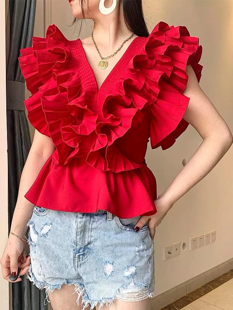 

Women' Blouses & Shirts Summer Design Sense French V-Neck Women' Short Fashion Versatile Slim Fit Waist Pleats Ruffles Sleeveless Tops, Black