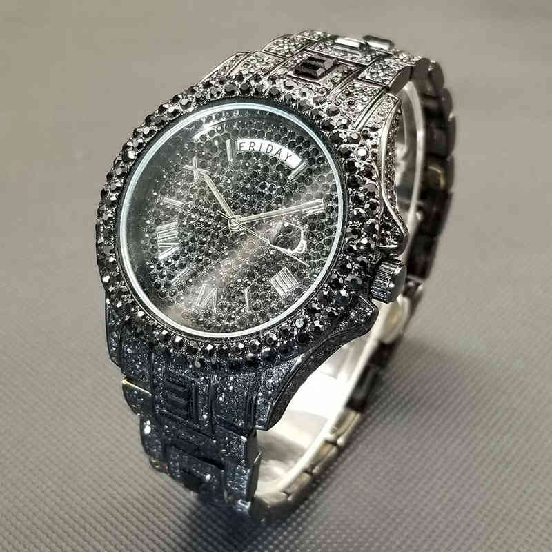 

Ice Out Black Men Watch Diamond Day Date Fashion Hip Hop Waterproof wristwatch 2022 Rhinestone Watches Luxury Designe, V320a black