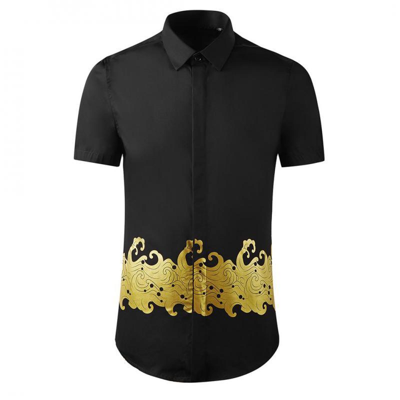 

Men's Casual Shirts Minglu Black Mens Luxury Short Sleeve Gold Printing Dress High Quality Slim Fit Party Man 3XLMen's