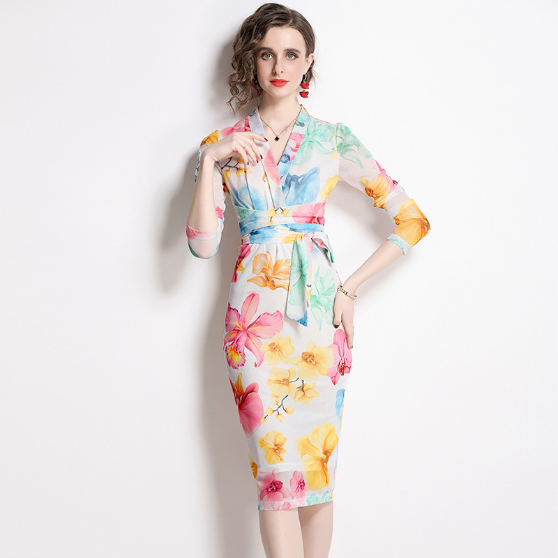 

Spring Summer Women Dress Sexy V Neck Fashion Floral Printing Vestidos Elegant Lady Sashes Sliming Bottom Dresses, As pictiure