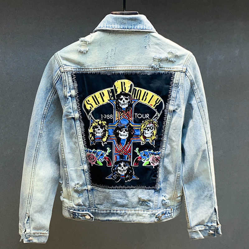 

Luxury Designer Spring Fashion Baofushen Denim Jacket Men's Fashion Brand Worn Hole Printed Blouse Loose Coat European and American Streets, Light blue