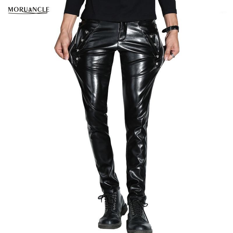 Wholesale- MORUANCLE Men Skinny Faux PU Leather Pants Shiny Black Trouser Nightclub Stage Performance Singers Dancer Suede Joggers Stretchy-image-759923790