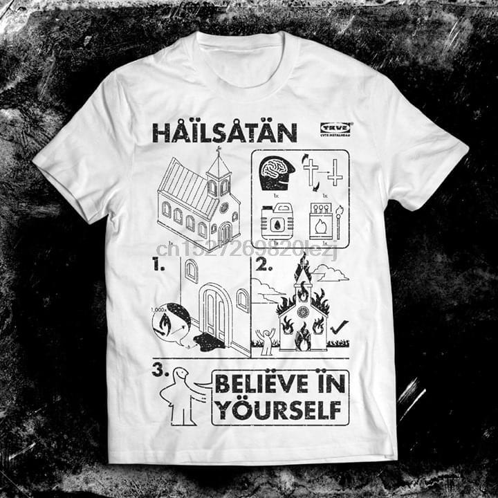 

Men's T-Shirts Hail Satan Believe In Yourself Church Fire T-Shirt, 0300176-gold
