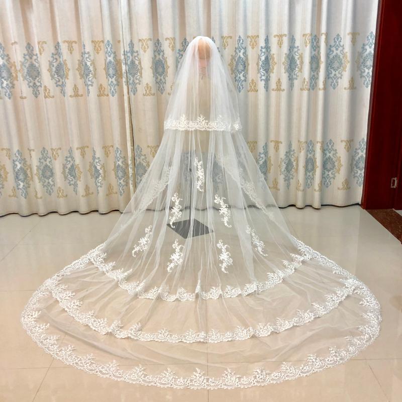 

Bridal Veils Long Veil Two-Layer Cathedral Face-covered 3-Tier Applique Velos De Noiva White Wedding 3X3 Meters Po ColorBridal, As pic