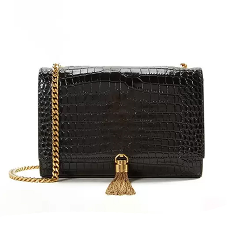 

2022 Women purse luxury designer handbag kate bags crocodile pattern real leather chain shoulder bag high quality tassel bag, Green gold 24cm