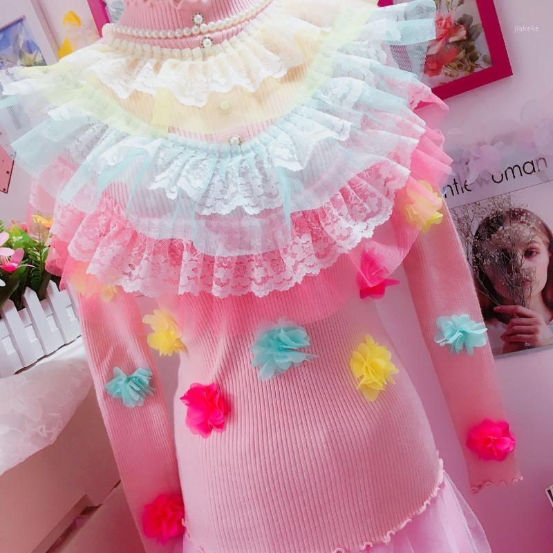 

Women's Sweaters 2022 Autumn Winter 3D Flowers Knitted Pullovers Female Slim Sweater Tops Ladies Stand Collar Warm Jumpers M987, Pink