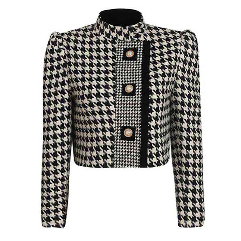 

Woolen Houndstooth Blazer New Designer 2021 Autumn Winter Elegant Fashion Stand Collar Diagonal Button Short Jacket Women J220813, Women blazer