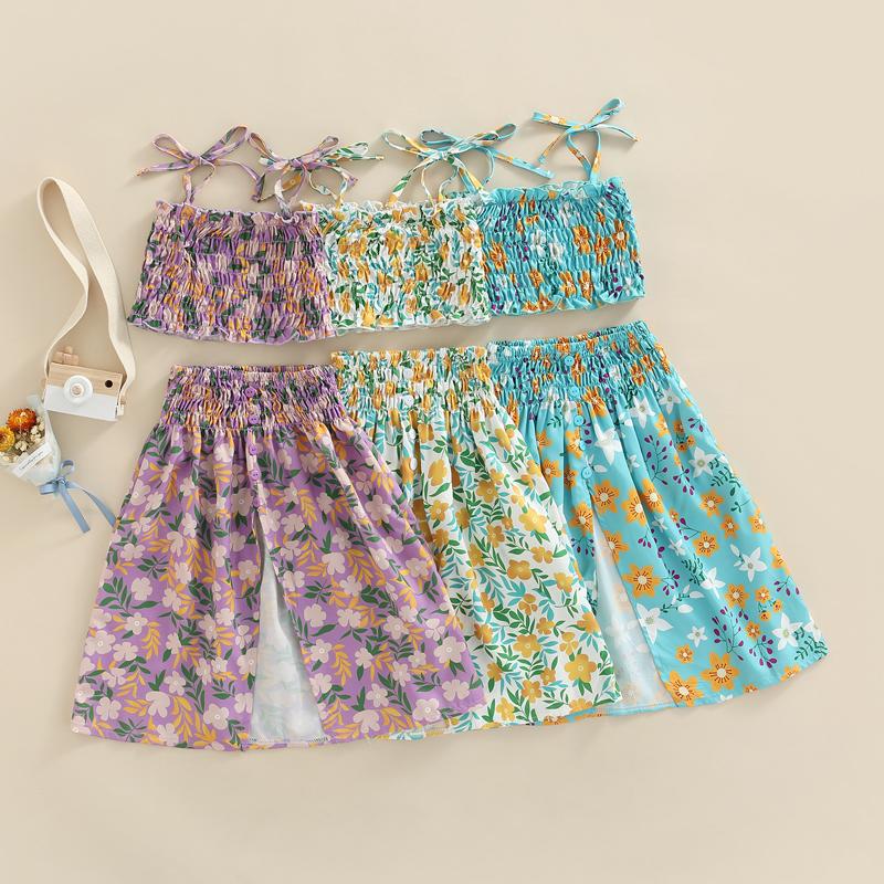 

Clothing Sets 1-6Y Summer Kids Girls Holiday Clothes 2pcs Flowers Printed Sleeveless Lace Up Vest Elastic A-Line SkirtsClothing, Blue