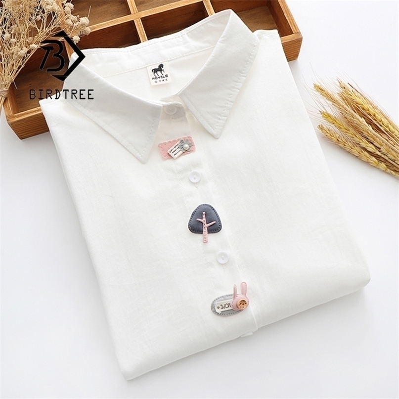 

Spring Women Casual Appliques Cotton White Shirt Long Sleeve Short Blouse Autumn Solid Cute Sweet Girl Tops T0D001F 220402