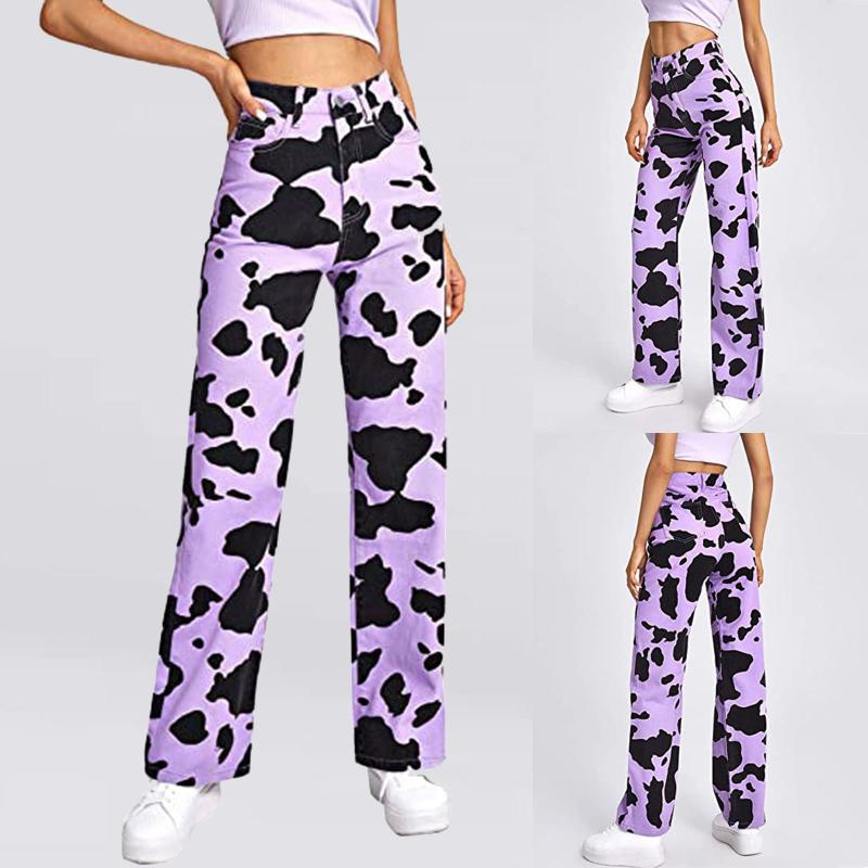 

Women's Jeans Fashion Woman Mid Waist Loose Pocket Purple Cow Print Pants Leopard Straight Leg Long Pantalones De Mujer, Pp