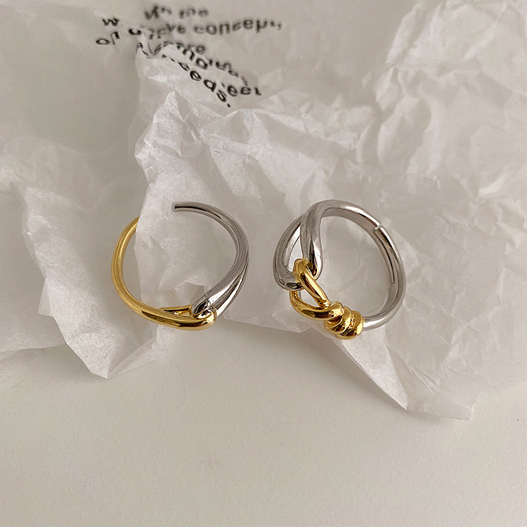 

HUANZHI Vintage Metal Splicing Golden Silver Color Contrast Curve Cross Twist Opening Adjustable Ring for Women Jewelry 220716