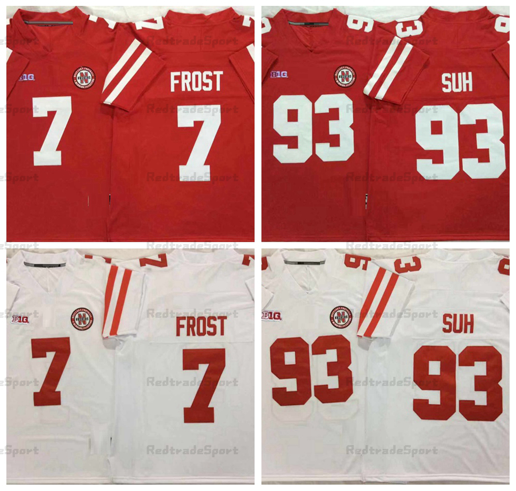 

NCAA Mens Nebraska Huskers 7 Scott Frost College Football Jerseys 93 Ndamukong Suh Jersey Home Red White Stitched University Shirts -XXXL, Red 7