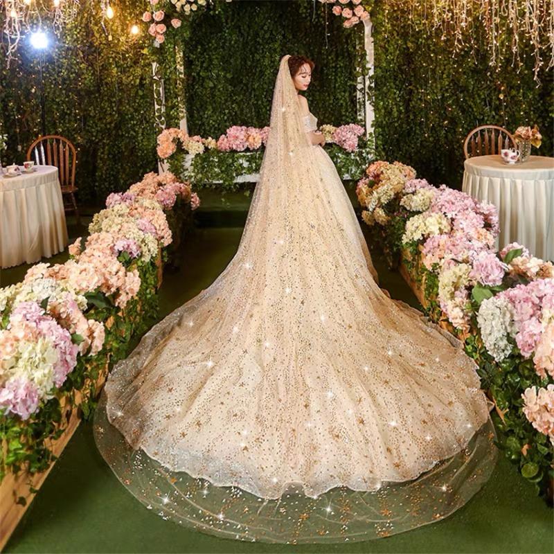 

Bridal Veils Sell Luxurious Bling With Comb White Champagne Long Wedding Cathedral Veil Glitter Moon Stars 300X300cmBridal