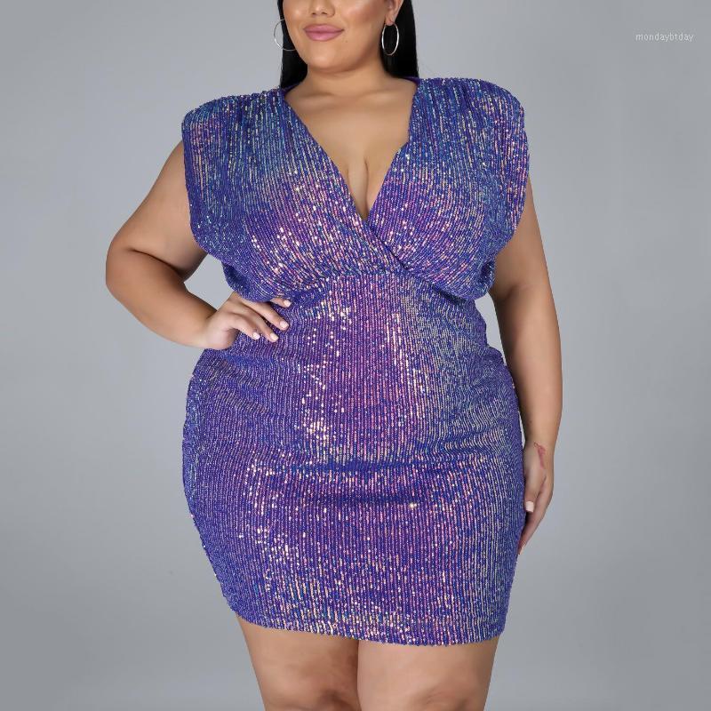 Plus Size Dresses For Women 4xl 5xl Big Purple Shinny Sleeveless Deep V Neck Knee Length Evening Dinner Robe Dress Casual