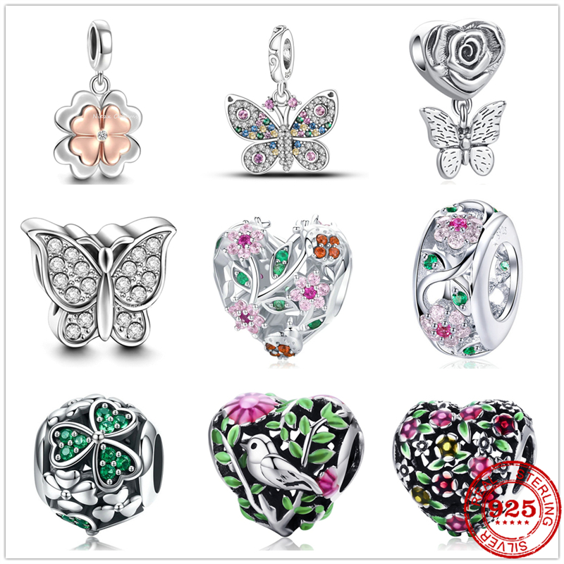 

925 Sterling Silver Dangle Charm Butterfly Four-Clover Green Leaf Bird Flower Beads Bead Fit Pandora Charms Bracelet DIY Jewelry Accessories