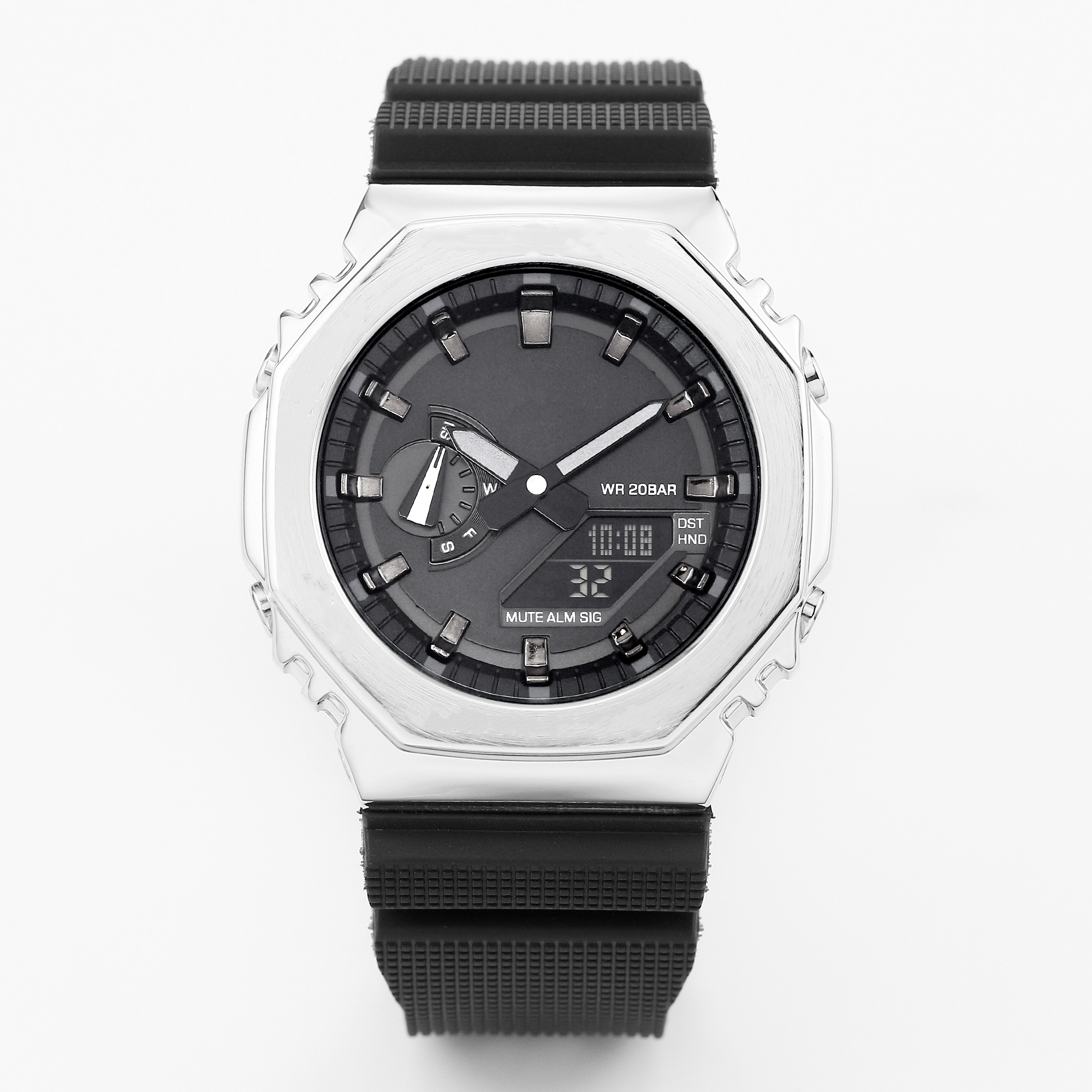 Iced Out Watch Men's Sports Quartz 2100 Digital Watch LED Automatic Hand Light Waterproof World Time Metal Dial Oak MG Black Face Silver