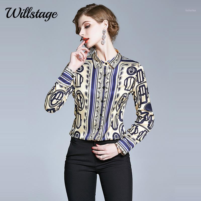 

Women' Blouses & Shirts Willstage Women Long Sleeve Button Blouse Elegant Pattern Spot Shirt Female Work Wear Formal Tops 2022 Autumn, Picture color