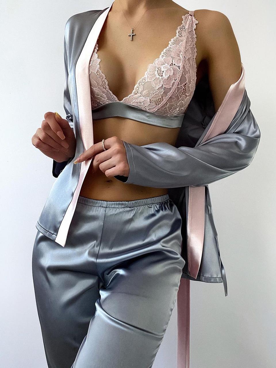 

Color Block Womens Nightwear Sleepwear Lace Bra Set Woman 3 Pieces Sexy Pajamas For Women Nightgowns Home Trouser Suits Satin, Pink bra sets