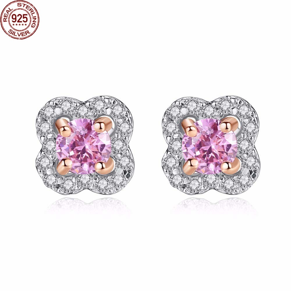 

Stud Brand Cute Pink Cubic Zirconia Crystal Flower 925 Silver Earrings 2018 Designs