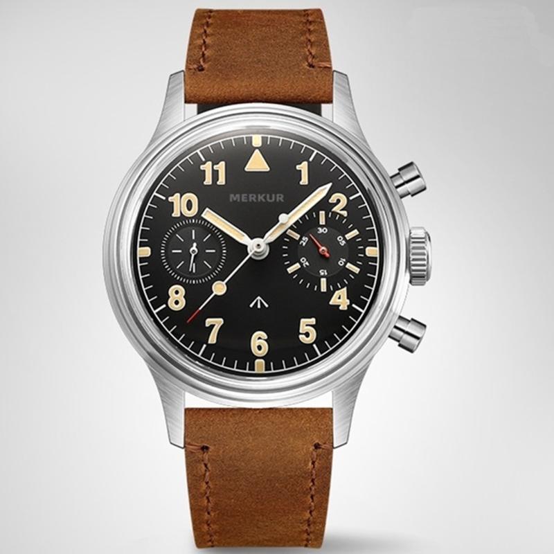 

Wristwatches 38mm Mechanical Watch MERKUR Seagull ST1901 Vintage Chronograph For Men Relojes Para Hombre Leather RelogioWristwatches, Leather grey