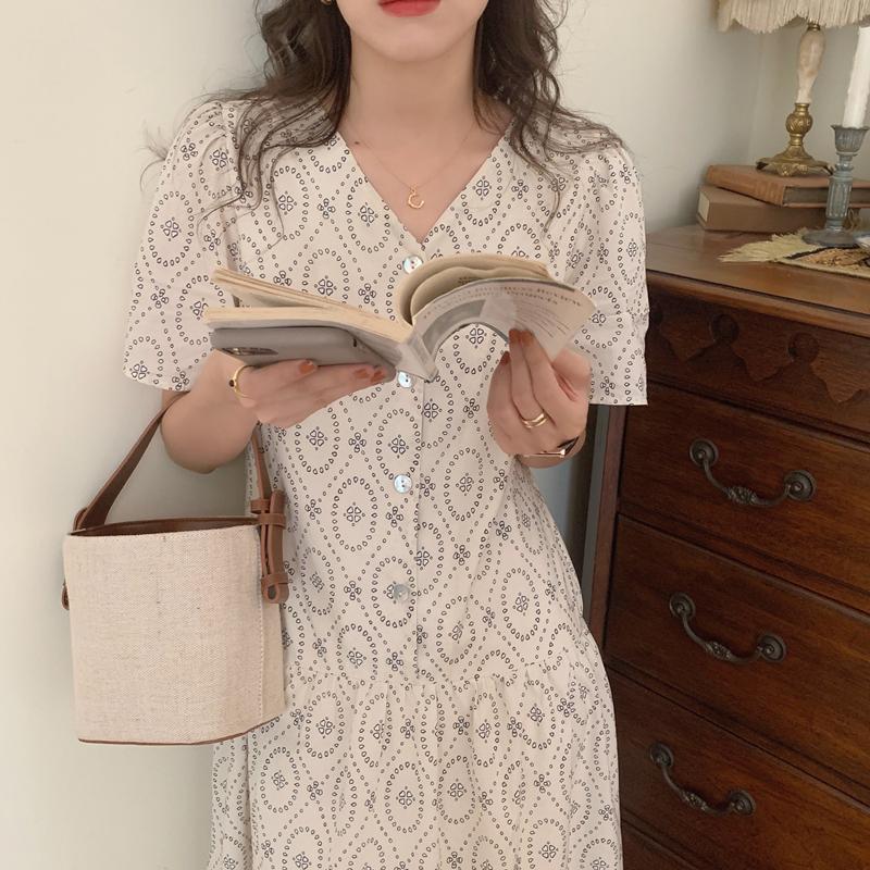 

Party Dresses Vintage Print Summer Dress Women Korean Long Midi Single Breasted Shirts Elegant Harajuku V-Neck, Apricot