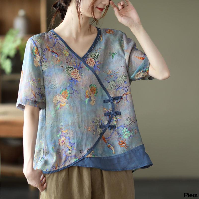 

Ethnic Clothing Vintage Printing Chinese Style Traditional Autumn Women Tops V Neck Female Shirt Loose Size BlouseEthnic