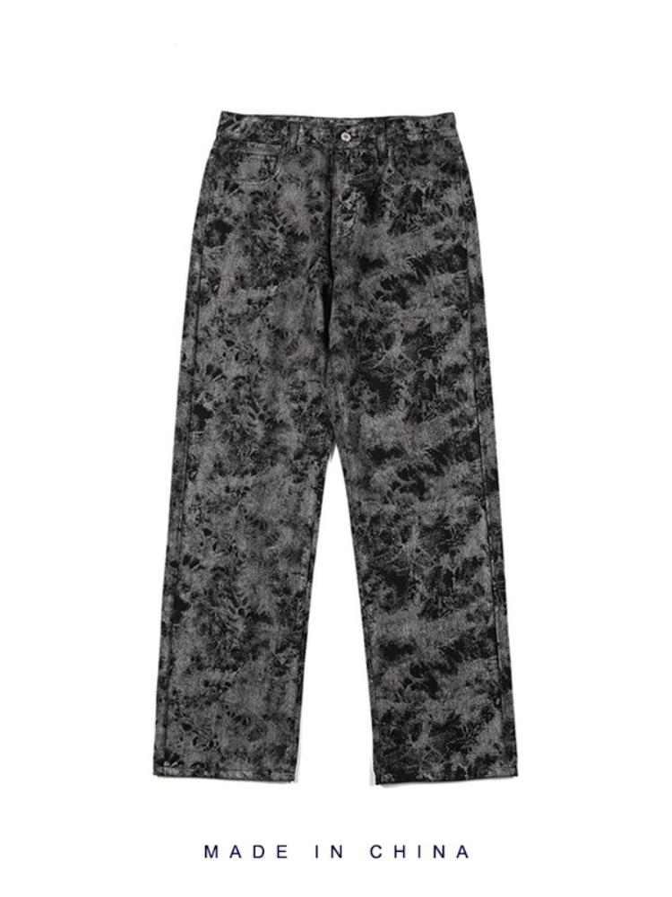 

Men' Jeans Spring And Autumn Men' Dark Tie-Dyed Straight-Leg Trousers Loose Retro Wide-Leg PantsMen, Black