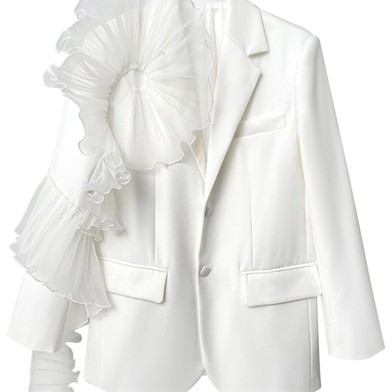 

[EAM] Women White Ruffles Big Size Blazer Lapel Long Sleeve Loose Fit Jacket Fashion Spring Autumn 1DE3921 220402