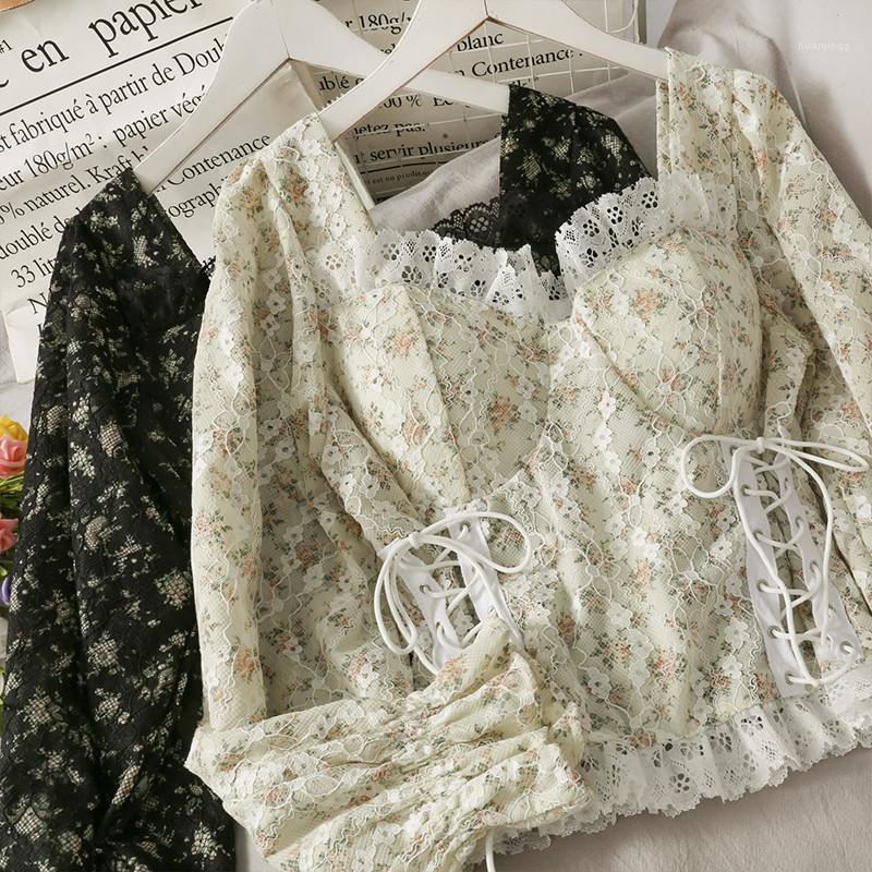 

Women's Blouses & Shirts Spring Women Long Sleeve Floral Print Blouse Sweet Mesh Patchwork Lace Shirt Female Tie Bow Hollow Out Short Tops A, Black
