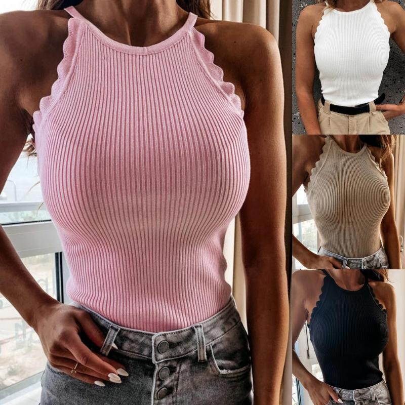 

Women' Blouses & Shirts Women Vest Sleeveless Lace Decor Ribbed Blouse Lady Solid Color O-Neck Sexy Slim Female Clothing StreetwearWomen, Khaki
