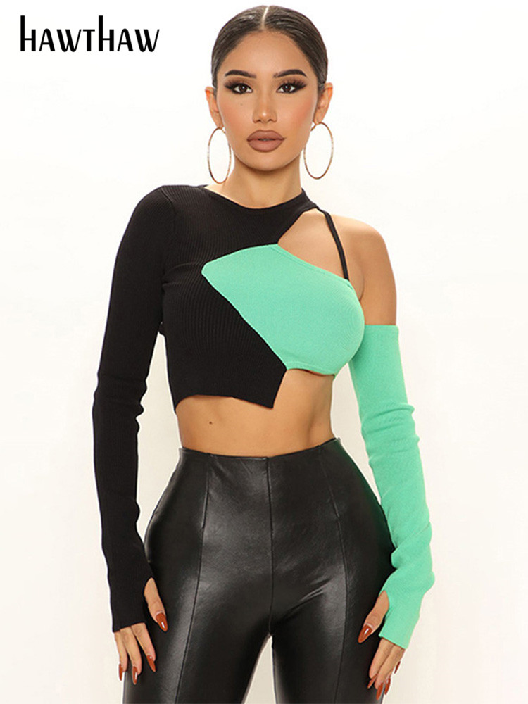 

Hawthaw Women Long Sleeve One Shoulder Color Block Hollow Out Crop Tops T Shirt 2022 Spring Autumn Clothes Wholesale Items, Green