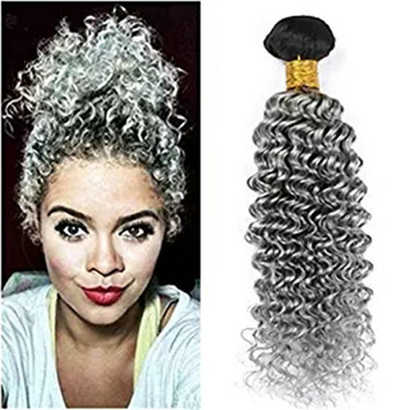 

Gray human weave bundles hair extension clip ins deep curly silver grey salt and pepper two tone blend natural highlights 100g /pack