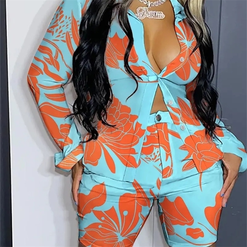 Women Shorts Two Piece Printed Set Woman Floral Print Buttoned Shirt & Pocket Design 2 Piece Short Sets Womens Outfits 220614