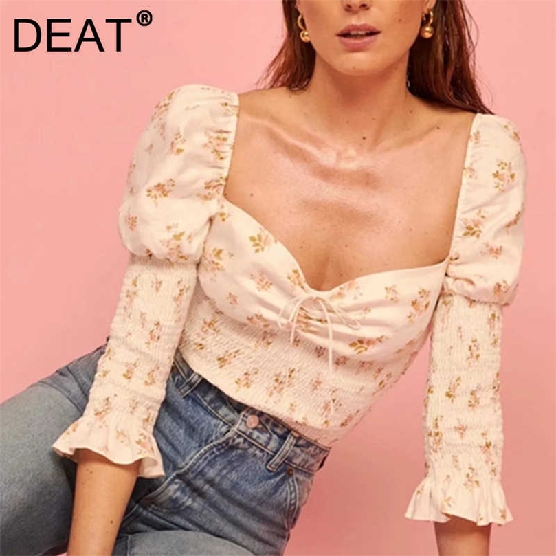 

DEAT Women Spring Summer Arrivals Square Collar Print Bandge Print Long Sleeve Sweet Temperament Style Shirt MZ361 210709, White
