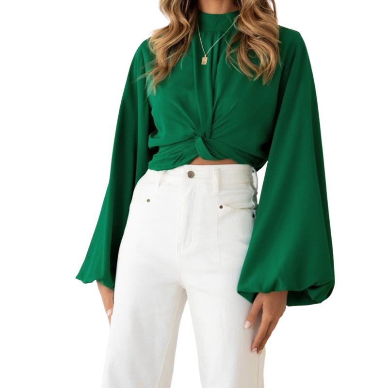 Women's Blouses & Shirts Female Blouse Solid Color Round Neck Long Sleeve Knotted Crop Tops For Ladies Green/Black/Apricot S/M/L/XL-image-758325438