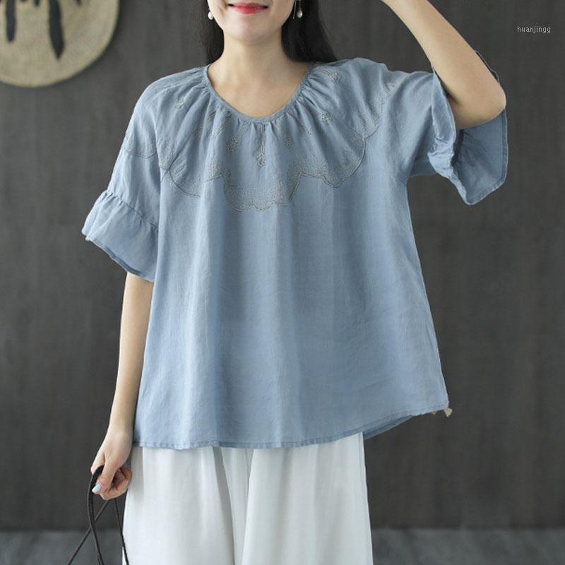 

FairyNatural Vintage Embroidery Female Cotton Linen Blouses 2022 Summer Loose Casual Women O-neck Flare Sleeve Tops Women's & Shirts, Beige